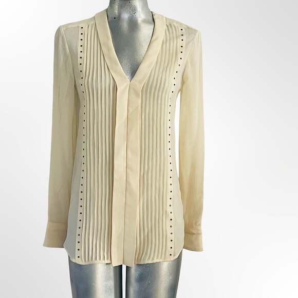Belstaff Tops - Belstaff Women's Walton Ivory Silk Pleated Studded V-Neck Blouse